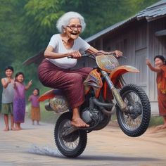 an older woman riding on the back of a dirt bike