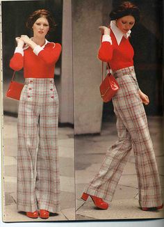 70's Double knit trousers - Faaaab. 60s Outfits For Women, 70s Inspired Outfits, Chique Outfit, Clothes Reference, 60s 70s Fashion, Work Fits, Seventies Fashion