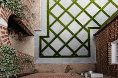 an outdoor area with brick walls and green grass on the wall, next to a dog door