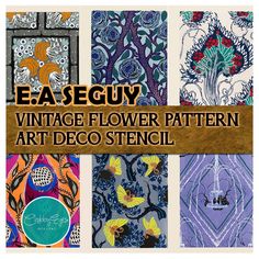 an advertisement for vintage flower pattern art deco stencil, featuring four different designs