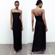 Brand New Bandeau Midi Dress For Summer Evenings, Summer Bandeau Midi Dress For Evening, Summer Evening Bandeau Midi Dress, Black Maxi Dress With Straight Neckline For Summer, Black Bandeau Midi Dress For Summer, Summer Evening Bandeau Maxi Dress, Summer Evening Maxi Dress With Straight Neckline, Spring Black Bandeau Maxi Dress, Chic Bandeau Maxi Dress For Party