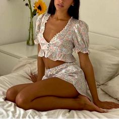 Very Delicate Soft Beautiful For Love And Lemons Farrah Set Brand New With Tags Brand New In Original Package Both Top And Shorts Size Small If U Wish For Another Sizes Dm Me Top Retail : 120$ Shorts :100$. Price Firm White Feminine Sets For Spring, Feminine V-neck Sets For Summer, White V-neck Pajama Party Sets, Feminine V-neck Summer Sets, White Feminine Summer Sets, Feminine White Summer Sets, Feminine Fitted Sets With Lace Trim, Feminine White Sets For Summer, White Feminine Fitted Sets