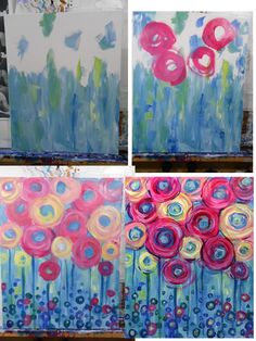 four different paintings with flowers painted on them