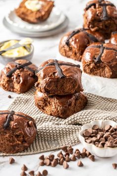 chocolate muffins are stacked on top of each other