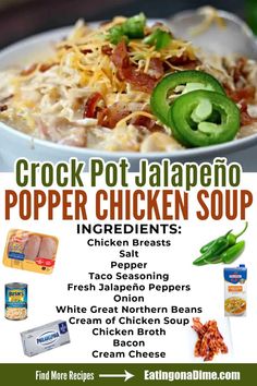 an advertisement for the crock pot jalapeno popper chicken soup recipe