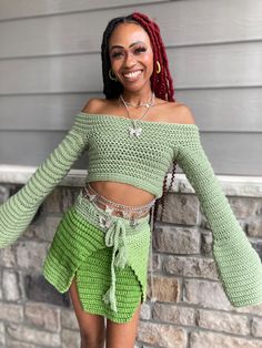 Handmade crochet set. Long sleeve, flare sleeve, off the shoulder, top. Mini pleated skirt. Off The Shoulder Crochet Top, Mini Pleated Skirt, Crochet Set, Crochet Inspiration, Womens Pyjama Sets, Pajama Robe, Off The Shoulder Top, Flared Sleeves, Pajamas Women