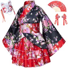 PRICES MAY VARY. Material:High quality satin polyester(Imitation silk) Package includes: Kimono robe , Belt, Skirt, Silk folding fans，Hairstick ,Fox mask -6 piece set Suit for: Daily wear ,Children party dress,Fun as birthday or holiday gifts,Halloween party uniforms, Cosplay party uniforms. A great costume or gift for festival and so on This kimono Yukata robe with classic traditional Japanese style will provide you a soft and comfortable experience.Luxurious silky feel and look, It is light we Japanese Kimono Dress, Kids Kimono, Japanese Kids, Kimono Gown, Baby Costumes Girl, Folding Fans, Fox Mask, Dress Kimono, Lounge Robes