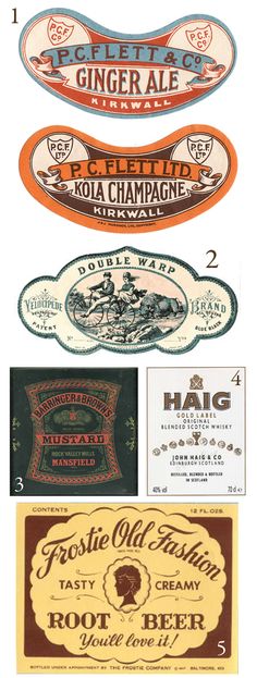 four different types of labels are shown in this image, including one for giner ale and the other for kola champagne