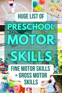 a bunch of different pictures with the words preschool motor skills and gross motor skills on them