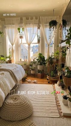 a bedroom with lots of plants in the window sill and rugs on the floor