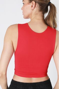 Color: Red Material: 92% Nylon, 8% Spandex Fit: One Size Red High Stretch Activewear With Built-in Bra, Red Nylon Sleeveless Top, Sleeveless Red Nylon Tops, Red Sleeveless Nylon Top, Stretch Nylon Crop Top With Built-in Bra, Fitted Red Nylon Tops, Red High Stretch Elastane Top, Red Sleeveless Stretch Crop Top, Red Stretch Tank Top For Sports