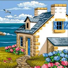 a painting of a house by the ocean with flowers and birds flying over it,