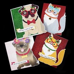 four cards with dogs and cats on them, all decorated in different colors including red