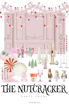 the nutcracker party theme is shown in pink and white with candy canes