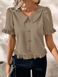 Caqui  Collar manga corta Poliéster Liso Camisa Embellished No-Elástico Embellished Tops For Women, V Neck Tops For Women, Crochet Baby Booties Pattern, Khaki Tops, Baby Booties Pattern, African Fashion Traditional, Elegant Blouses, Plain Shirts, Kids Sleepwear