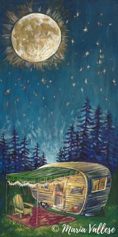 a painting of a camper trailer in the woods with a full moon above it