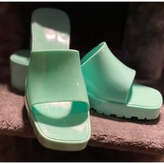 Mint Colored Jelly Slides Trendy Spring Jelly Sandals With Round Toe, Trendy Round Toe Jelly Sandals For Spring, Casual Green Heels With Round Toe, Spring Platform Closed Toe Jelly Sandals, Casual Green Synthetic Heels, Casual Green Closed Toe Heels, Casual Green Open Toe Heels, Chic Closed Toe Jelly Sandals For Spring, Casual Platform Jelly Sandals For Spring