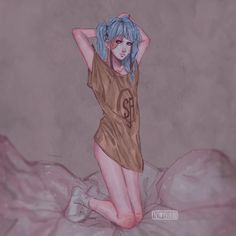 a drawing of a woman with blue hair sitting on a bed