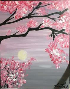 an acrylic painting of a tree with pink flowers and the moon in the background