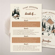 a camp brochure is shown on top of a white paper with brown lettering