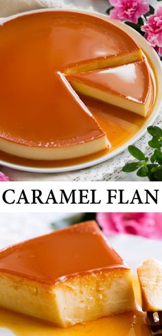 caramel flan cheesecake on a white plate