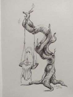 a drawing of a woman hanging from a tree with a man on the swing in front of her