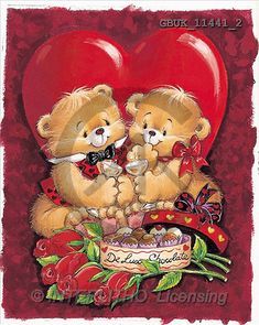 two brown teddy bears sitting next to each other on a red background with hearts and flowers