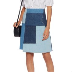 Brand New Mih Patchwork Denim Skirt Completely Sold Out Never Worn Size Xs Chic Blue Relaxed Denim Skirt, Blue Denim Skirt For Summer Workwear, Chic Blue Cotton Denim Skirt, Trendy Blue Denim Skirt For Work, Patchwork Denim Skirt, Patchwork Denim, Denim Patchwork, Denim Skirt, Color Blue