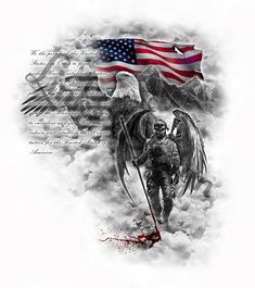 an american flag and eagle with a soldier