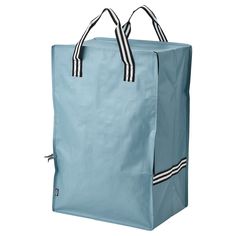 a light blue shopping bag with black and white stripes