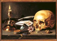 a painting of a skull and other items on a table next to a lit candle