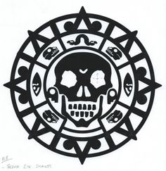 a black and white drawing of a skull in a circle with playing cards on it