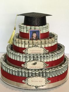 a graduation cake made to look like stacks of money