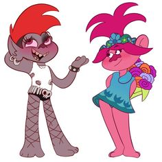 two cartoon characters are standing next to each other and one is holding a flower in her hand