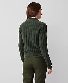 Elevate your wardrobe with the Ann Taylor Collared Stitched Jacket, a testament to sophistication and versatility. This hunter green jacket is perfect for women who appreciate both style and comfort.

- Size: XL (Regular fit)
- Color: Hunter's Green
- Material: 49% Cotton, 27% Nylon, 24% Polyester
- Gender: Female
- Features: Point collar, long sleeves, button front, button welt pockets
- Care Instructions: Machine washable

Designed to be worn buttoned or unbuttoned, this jacket boasts a richly Winter Lapel Collar Cardigan With Button Cuffs, Button-up Textured Knit Tops For Workwear, Winter Cardigan With Button Cuffs And Lapel Collar, Textured Knit Button-up Tops For Work, Single Breasted Cardigan With Lapel Collar For Work, Single Breasted Lapel Collar Cardigan For Work, Winter Collared Polo Sweater With Button Closure, Spring Workwear Textured Knit Outerwear, Spring Workwear Outerwear With Textured Knit