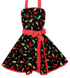 a black and red dress with peppers on it