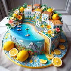 a cake decorated with lemons and flowers on a table