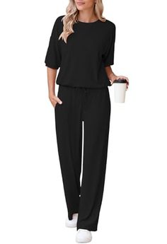 AOHITE Womens 2 Piece Outfits Lounge Sets Short Sleeve Pullover Tops Elastic Wide Leg Pants Set Sweatsuits Tracksuit