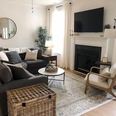 a living room filled with furniture and a flat screen tv mounted on the wall above a fire place