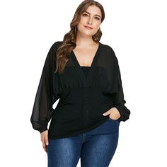 Plunge Plus Size Button Embellished Blouse - Black - 3E81619314 - Women's Clothing, Plus Size Women's Clothing  #PlusSizeWomensClothing #Women's #Clothing # #Plus #Size #Women's #Clothing Woman Blouse Casual, Blouse Size Chart, Embellished Skirt, Cheap Blouses, Embellished Blouse, Trendy Plus Size Clothing, Kids Swimwear, Chiffon Shirt, Plus Size Womens Clothing