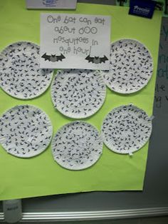 some paper plates with bats on them and a sign that says one dot can be about 600