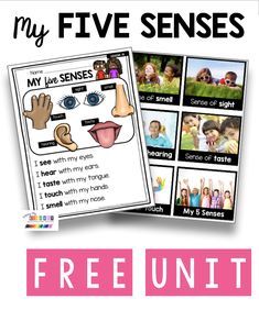 the free printable poster for my five sensess with pictures of children and their hands