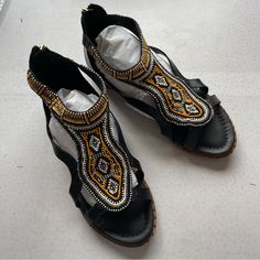 New In Box! Beaded Leather Zipper Back Flat Smoke Free, Dog Friendly Home Do Black Bohemian Beaded Sandals, Black Beaded Bohemian Sandals, Black Beaded Sandals For Festival, Casual Black Beaded Sandals, Woven Leather Shoes, Blue Leather Sandals, Orange Sandals, Brown Leather Wedges, White Sandals Heels