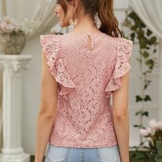 Tops | Cindy Blush Lace Ruffle Blouse | Poshmark Chic Pink Lace Top, Elegant Ruffled Lace Top For Brunch, Pink Lace Top With Ruffles For Spring, Elegant Pink Tops For Brunch, Elegant Pink Lace Top, Chic Lace Top With Ruffle Sleeves, Elegant Lace Top With Ruffle Sleeves, Pink Lace Top For Brunch, Lace Ruffle