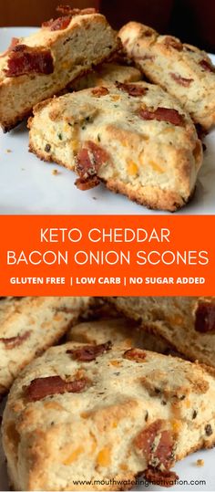 These scones are one of my older recipes BUT they are still the best keto scone texture I've ever come up with! They are a perfect in-between soft and slightly crunchy. These are based off my favourite bacon cheddar onion scones I used to make at my old bakery job!  These make a great easy keto breakfast or afternoon low carb snack. #ketobaconcheddarscones #ketocheddarscones #ketosconesrecipe #ketosconesrecipeeasy #ketobreakfastideas