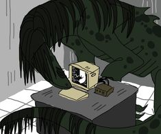 an image of a dinosaur that is eating something out of a box on a table