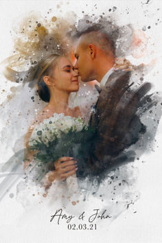 a painting of a bride and groom kissing each other with watercolor splashes on the background