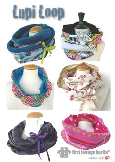 four different types of scarves are shown in this image with the words lupit loop on