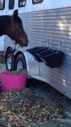 a horse is eating hay out of a pink bucket next to a trailer with its door open