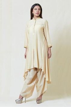 Shop for Brij Beige Silk Kurta Dhoti Pant Set for Women Online at Aza Fashions Beige Kurta, Collar Kurta, Asymmetric Kurta, Embroidery Neckline, Drape Pants, Dhoti Pants, Beige Silk, Utsav Fashion, Silk Kurta